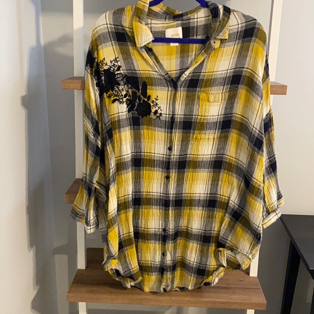 Maeve yellow/black/white embroidered plaid top